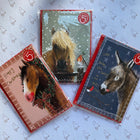 Three Christmas-themed horse greeting cards with red borders, displayed on patterned white gift wrapping paper. The cards feature illustrations of horses in winter and holiday settings.