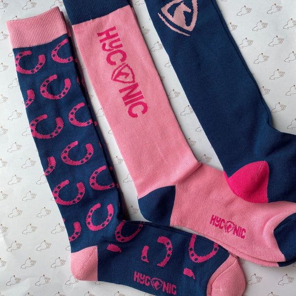 Pink & Navy Long Riding Socks - 3 pack - Gallop Guru
