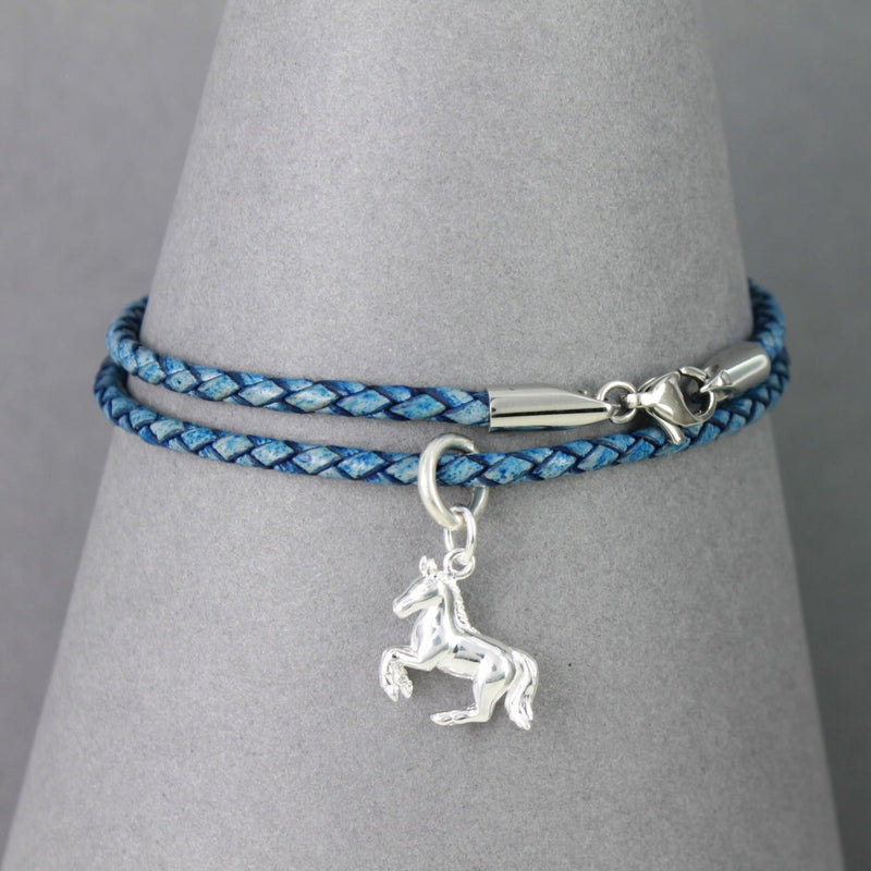 Blue Leather and Sterling Silver Horse Charm Bracelet - Gallop Guru