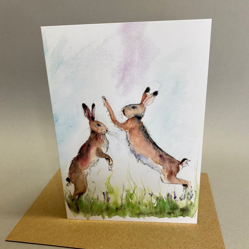 Boxing Hares Watercolour Greeting Card - Gallop Guru