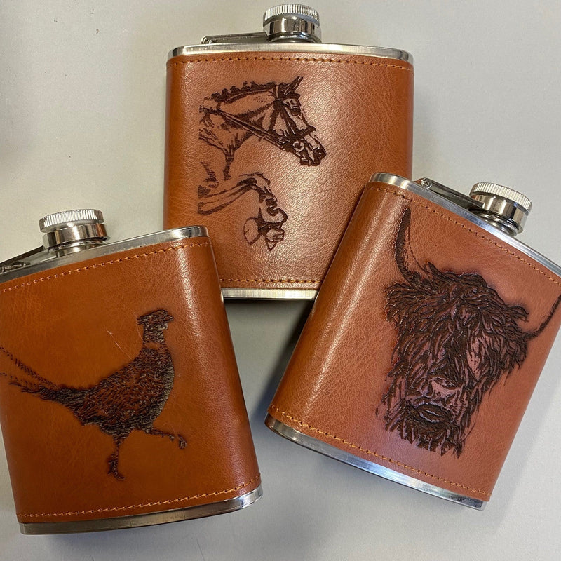 Leather Pheasant engraved Hip Flask - Gallop Guru
