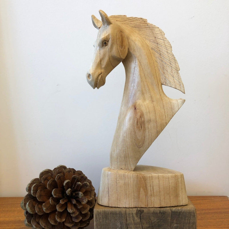 Natural Wooden Horse Head Statue - Gallop Guru