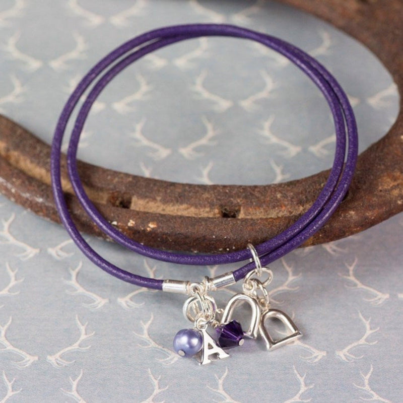 Personalised Purple Leather and Sterling Silver Stirrup Charm Equestrian Bracelet - Gallop Guru
