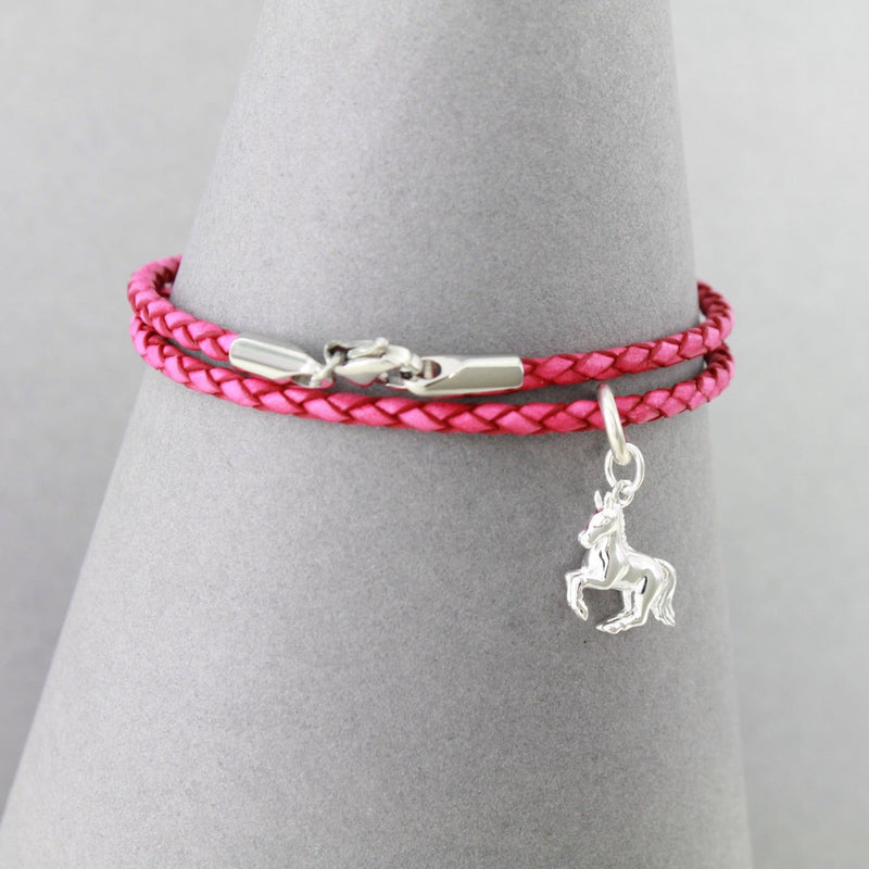 Pink Leather and Sterling Silver Horse Charm Bracelet - Gallop Guru