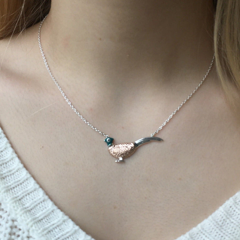 Sterling Silver and 14ct Rose Gold Vermeil with Enamel Pheasant Necklace by Gemma J