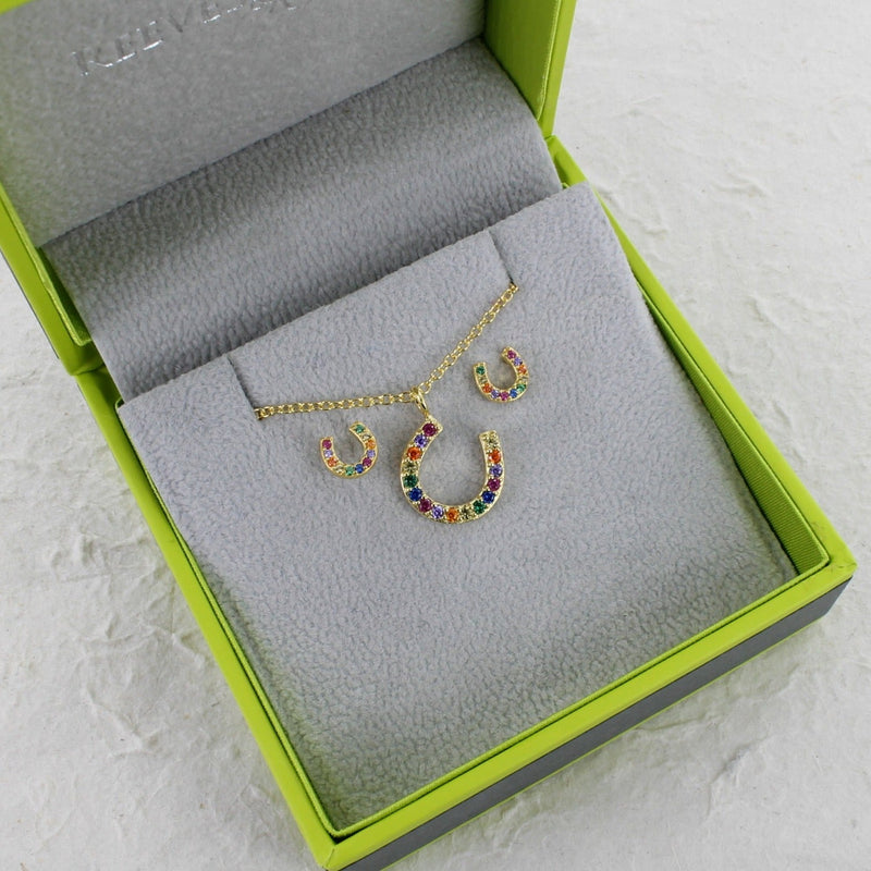 Sterling Silver and 18ct Gold Vermeil Horseshoe Necklace with Rainbow Crystals - Gallop Guru