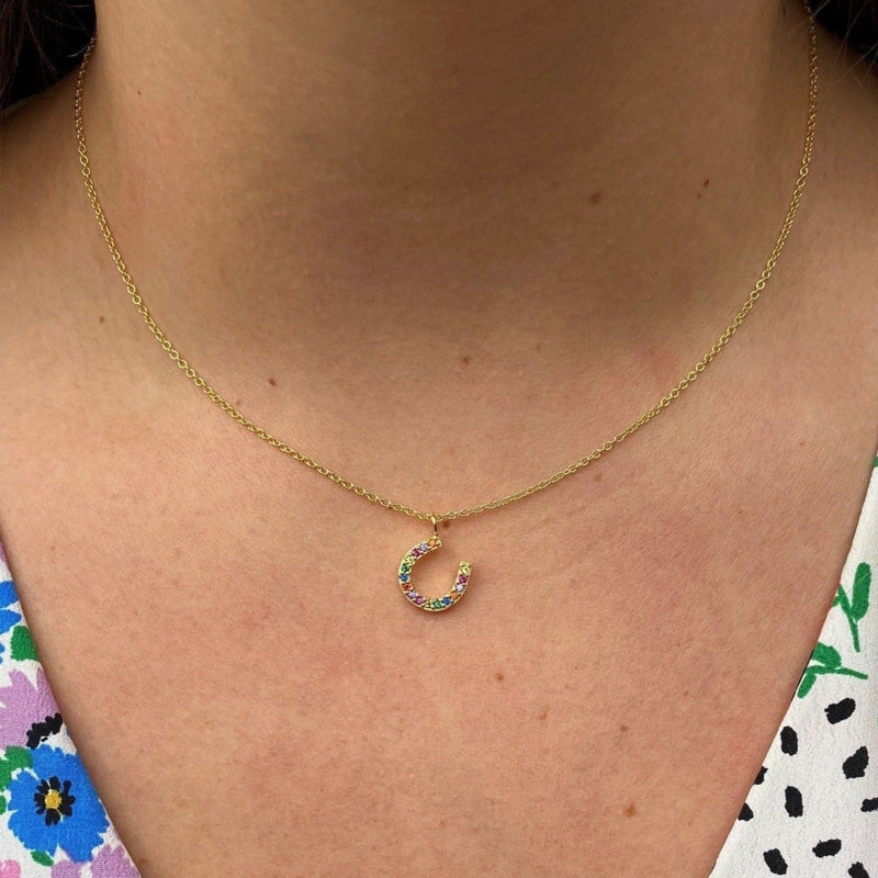 Sterling Silver and 18ct Gold Vermeil Horseshoe Necklace with Rainbow Crystals - Gallop Guru
