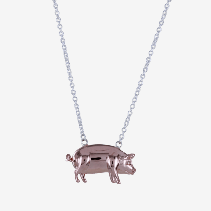 Sterling Silver and 18ct Rose Gold Plate Solid Pig Necklace - Gallop Guru