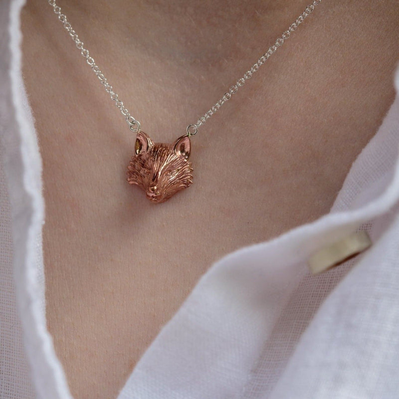 Sterling Silver and Rose Gold Plate Fox Head Necklace - Gallop Guru