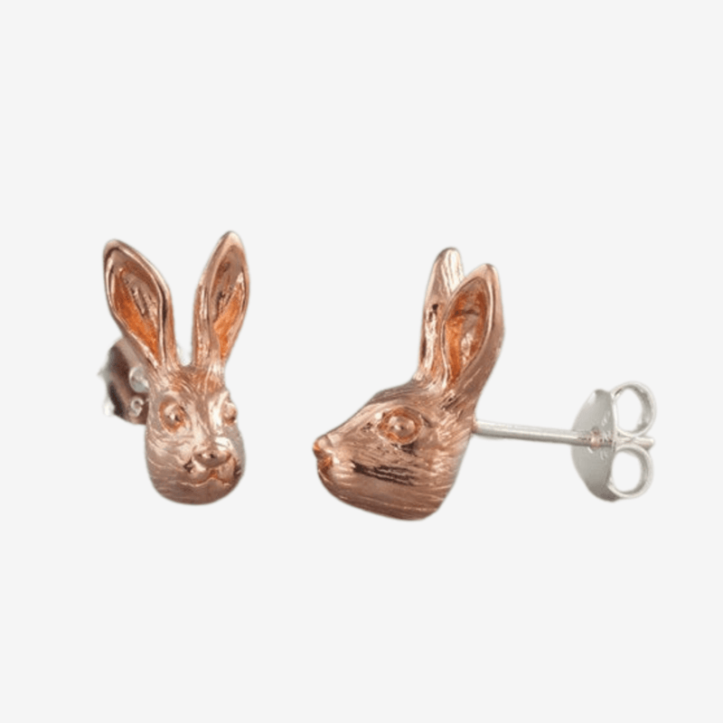 Sterling Silver and Rose Gold Plated Hare Head Stud Earrings - Gallop Guru
