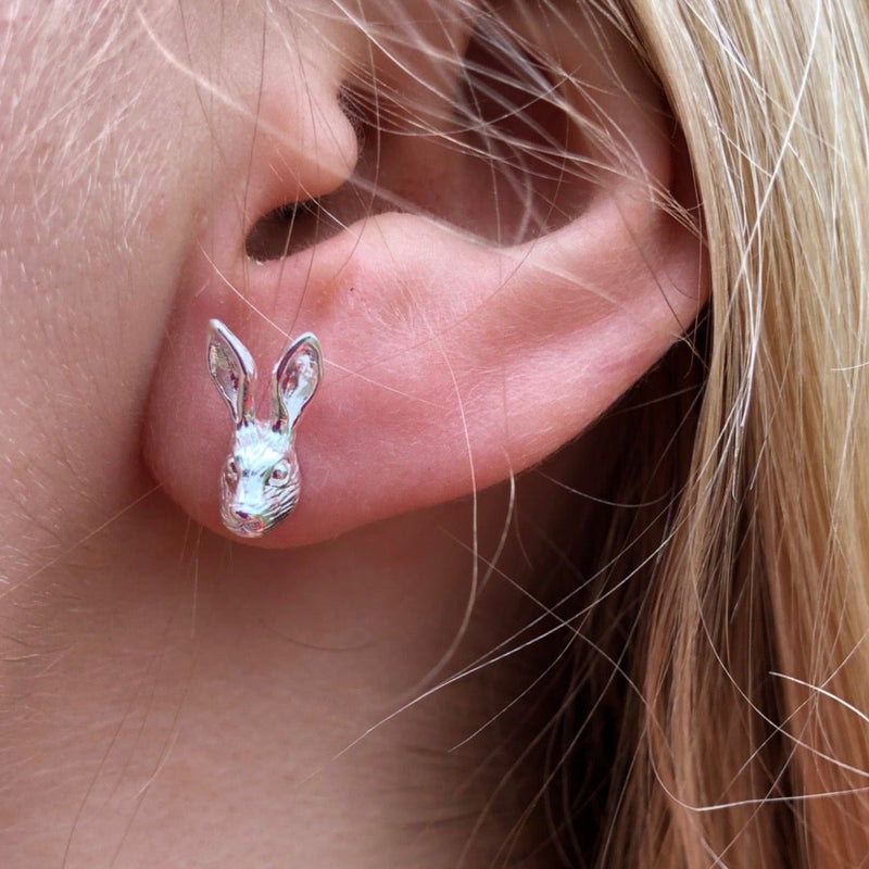 Sterling Silver Hare Face Stud Earrings - Gallop Guru