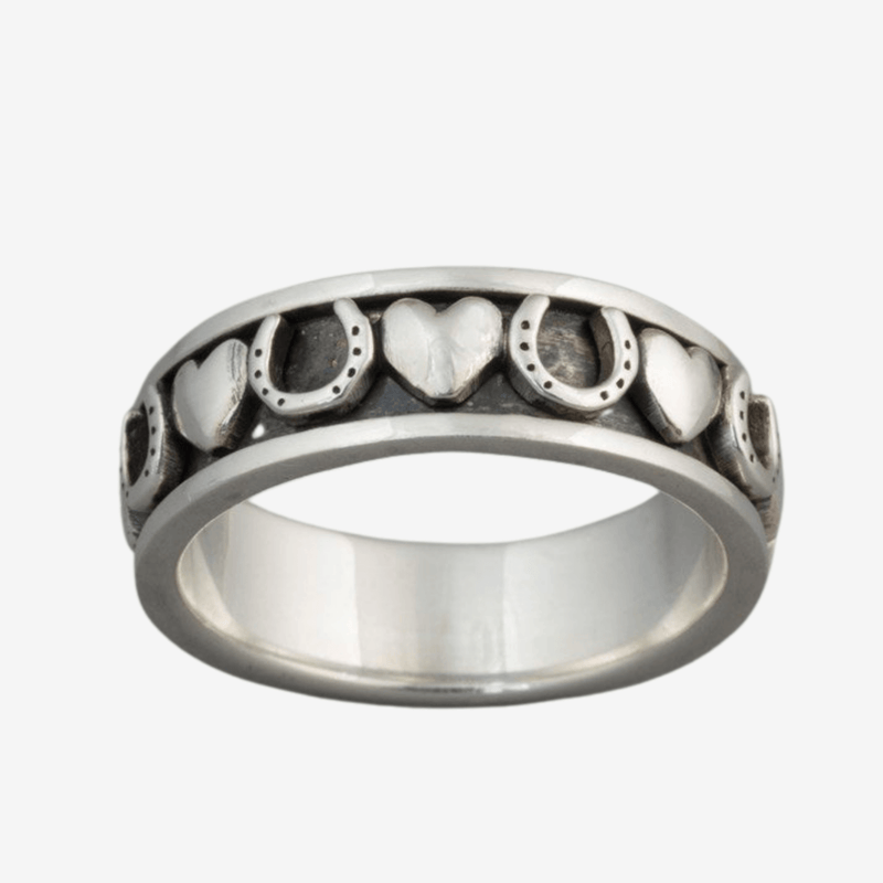 Sterling Silver Hearts and Horseshoes Equestrian Spinner Ring by Hiho Silver - Gallop Guru