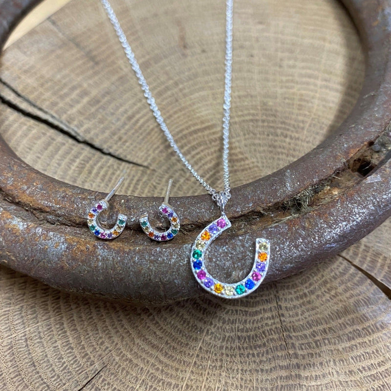 Sterling Silver Horseshoe Necklace with Rainbow Cubic Zirconia - Gallop Guru