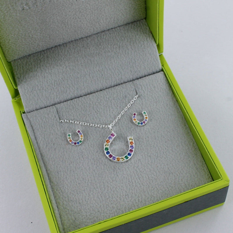 Sterling Silver Horseshoe Earrings with Rainbow Stones