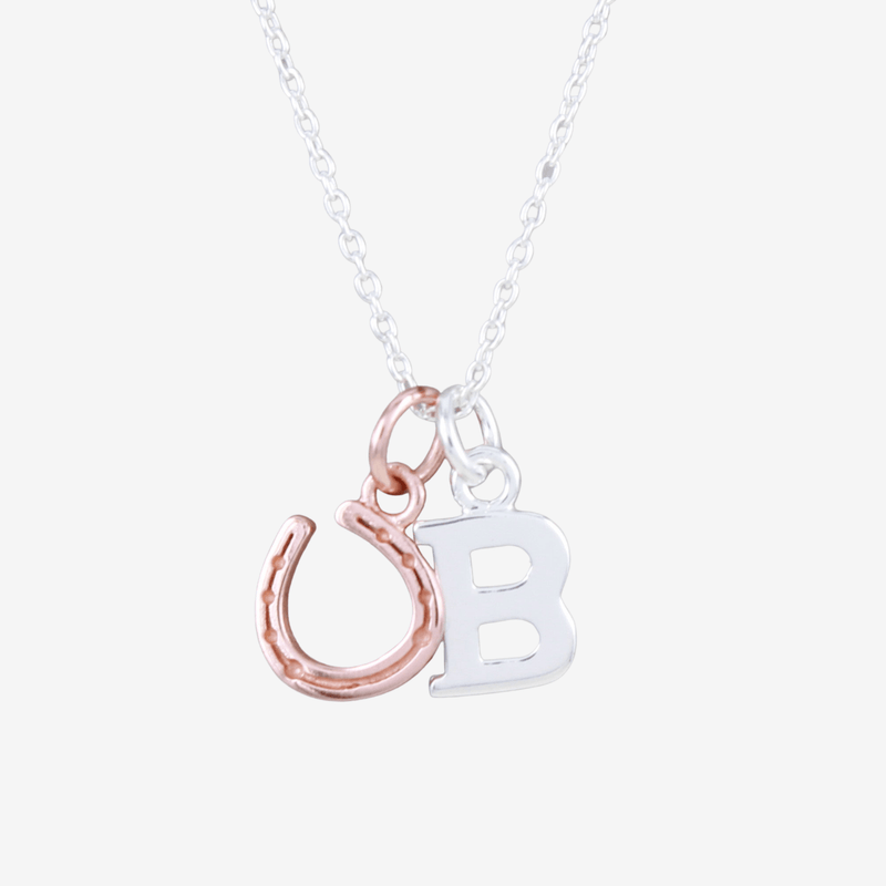 Sterling Silver Initial & Rose Gold Horseshoe Charm Necklace - Gallop Guru
