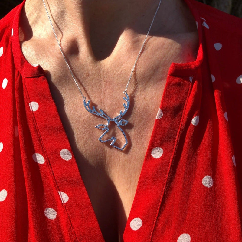 Sterling Silver Large Hammered Stag Silhouette Necklace - Gallop Guru