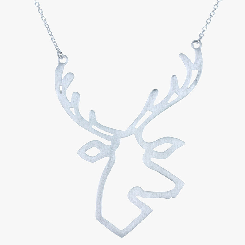 Sterling Silver Large Stag Head Silhouette Necklace - Gallop Guru